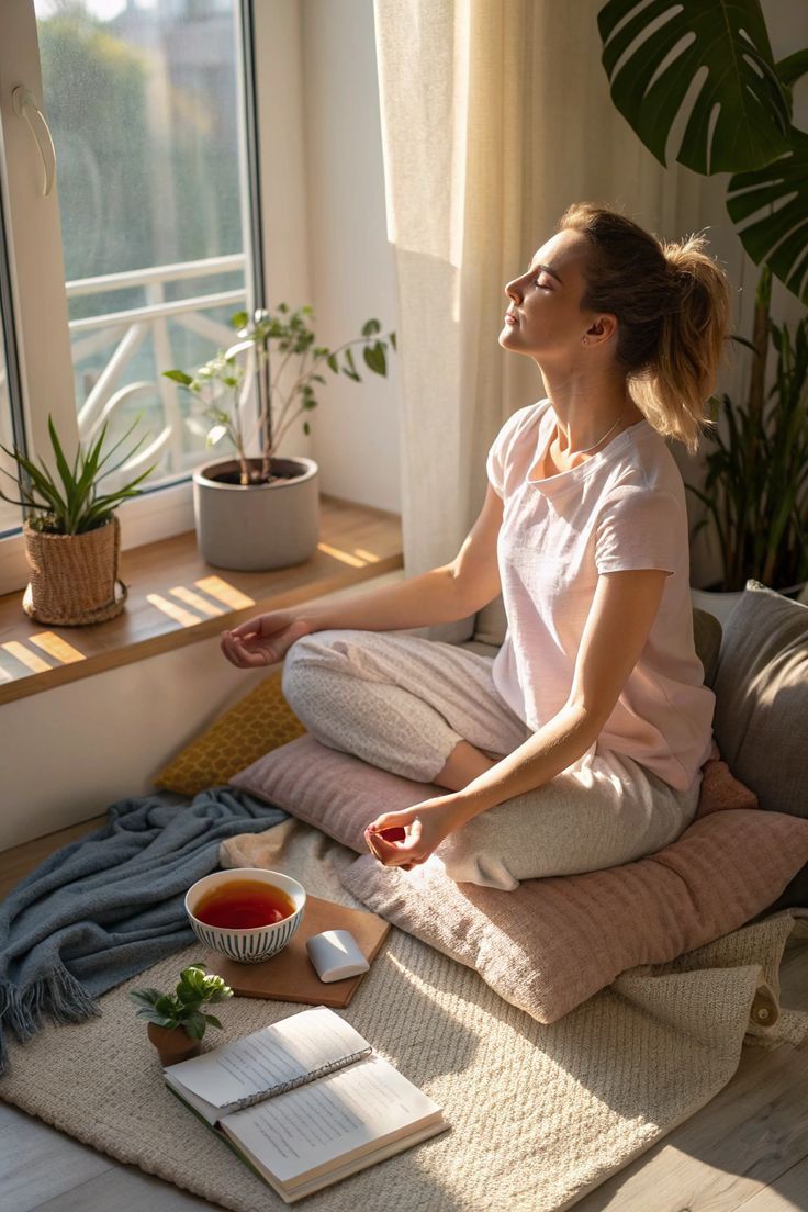 Illustratie van een rustig ochtendritueel met zachte pasteltinten